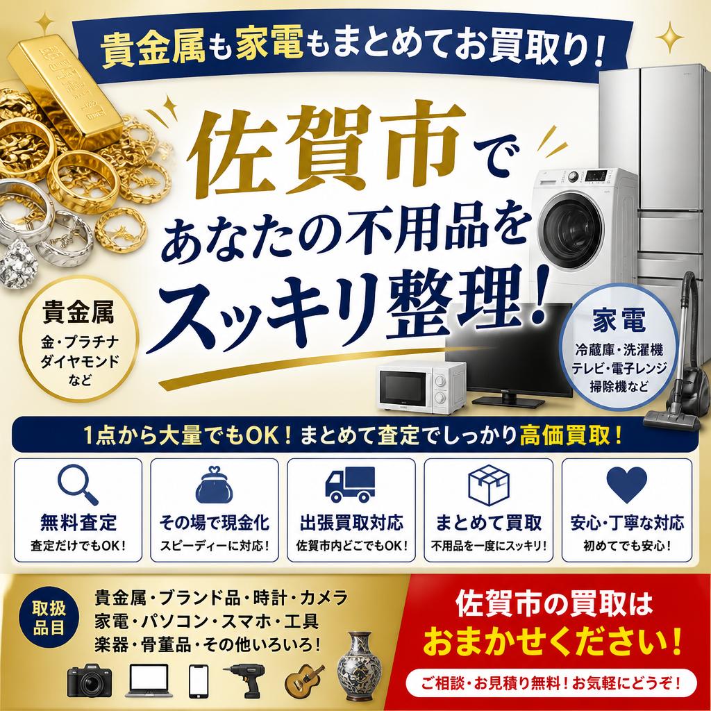 貴金属も家電もまとめてお買取り！佐賀市であなたの不用品をスッキリ整理！